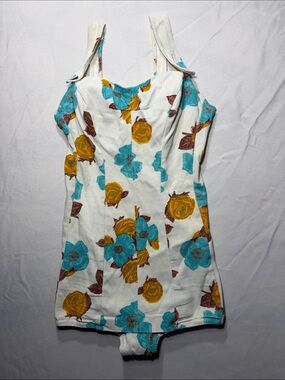Vintage 1950s White Floral One-Piece Swimsuit with Turquoise & Mustard Flowers